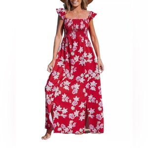 Cupshe Red Floral Off-Shoulder Flutter Sleeve Maxi Dress NWT